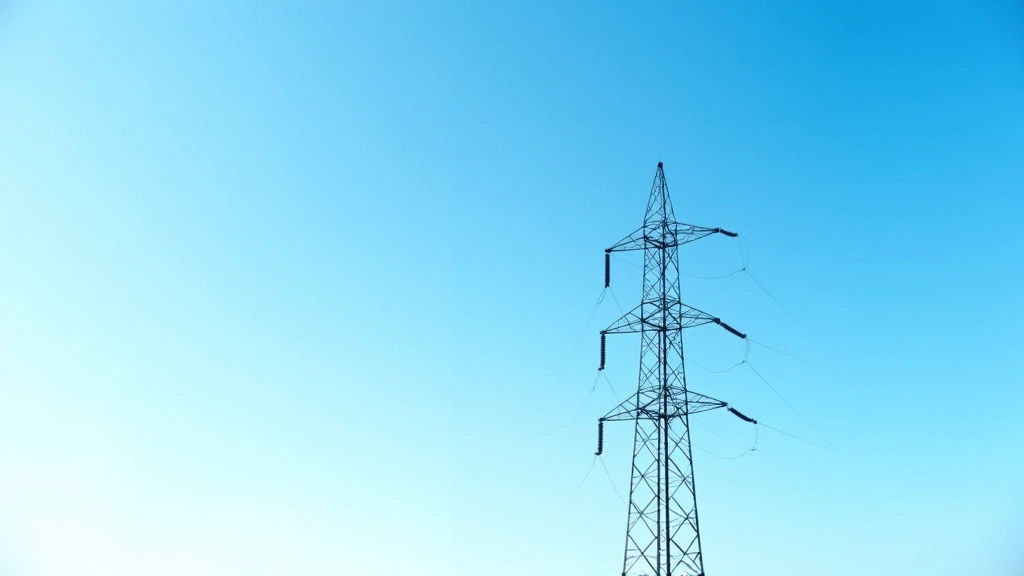 Strommast mit Hochspannungsleitungen gegen blauen Himmel