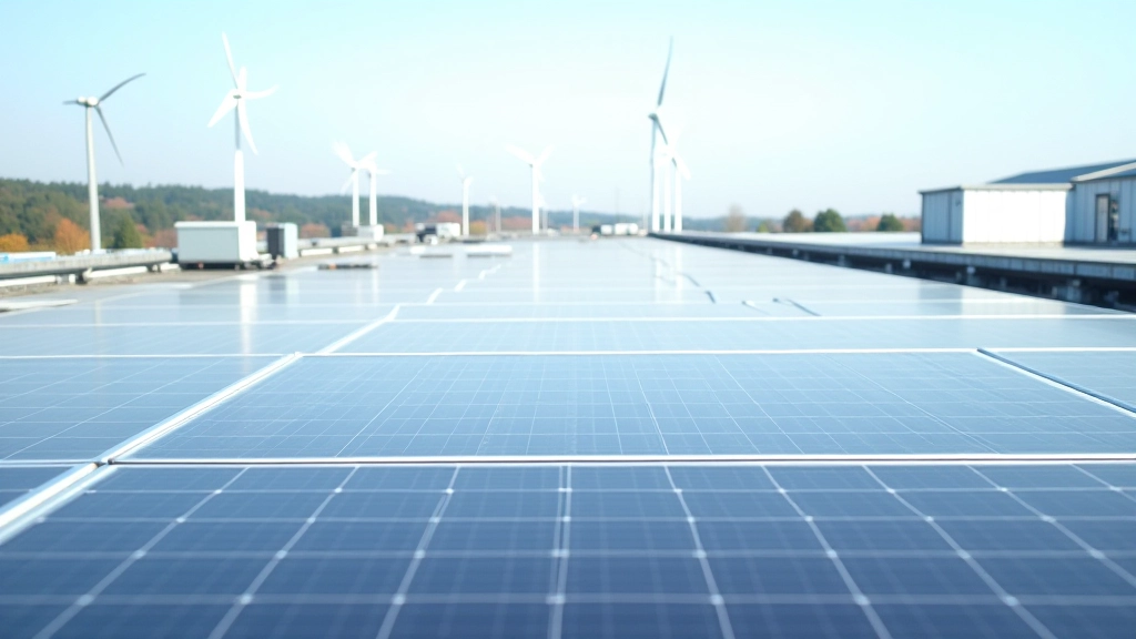 Moderne Solaranlage auf Industriedach mit Windkraftanlage am Horizont