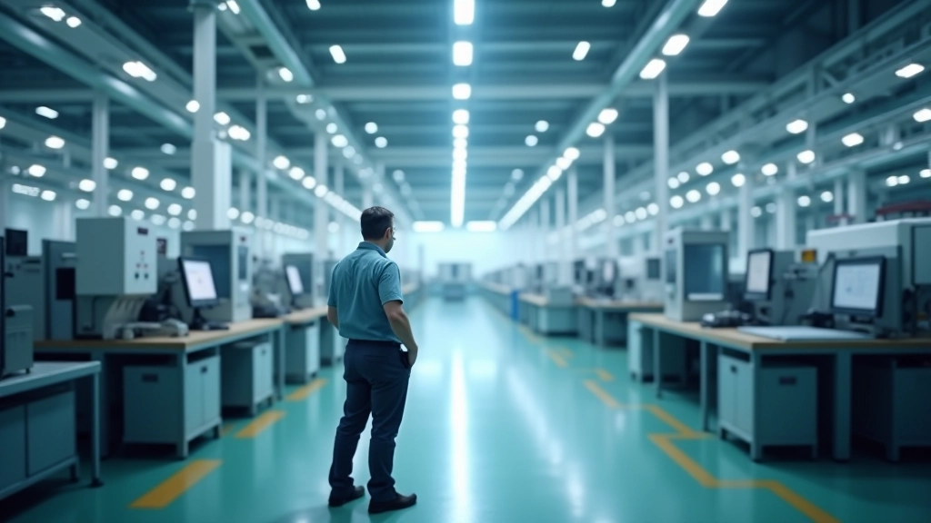Moderne Batteriefabrik oder Produktionsstätte für erneuerbare Energietechnologie, Industrie 4.0 Umgebung