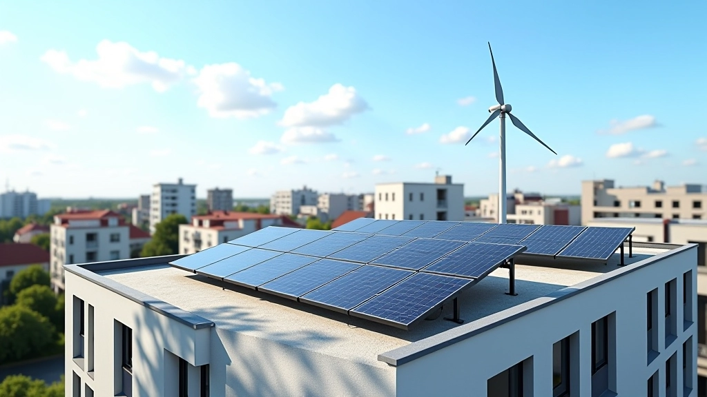 Zukunftsvision von Stromversorgung mit Solaranlagen, Windkraft und Batteriespeichern in urbaner Umgebung