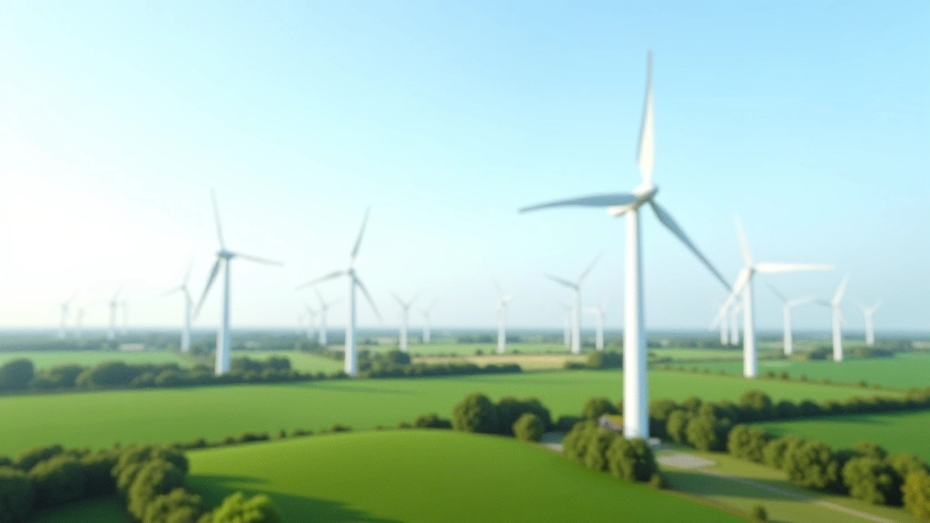 Windkraftanlage in grüner Landschaft mit mehreren modernen Turbinen am Horizont