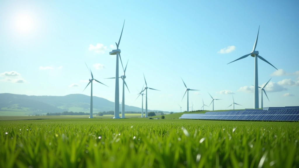 Moderne Windkraftanlage in grüner Landschaft mit Solarpanelen im Hintergrund
