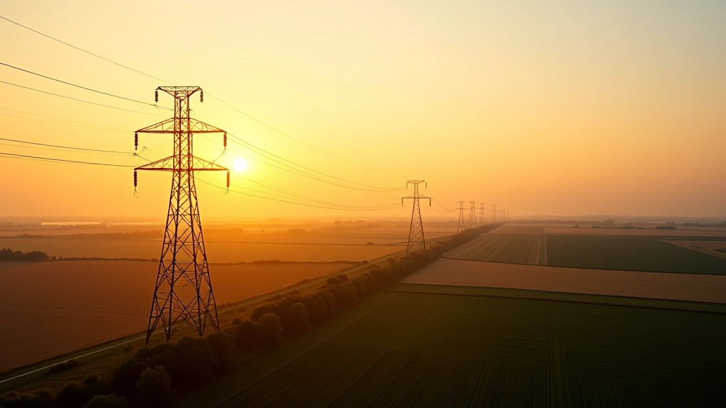 Stromverteilnetz mit Hochspannungsleitungen bei Sonnenuntergang über flaches Land