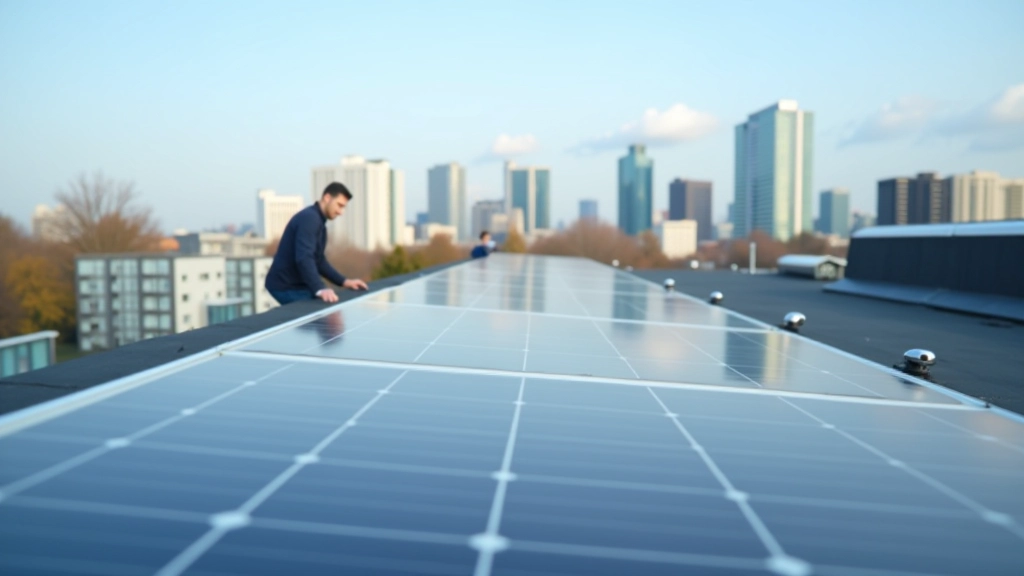 Solaranlagen auf Dachfläche mit Stadtpanorama im Hintergrund und modernen Gebäuden