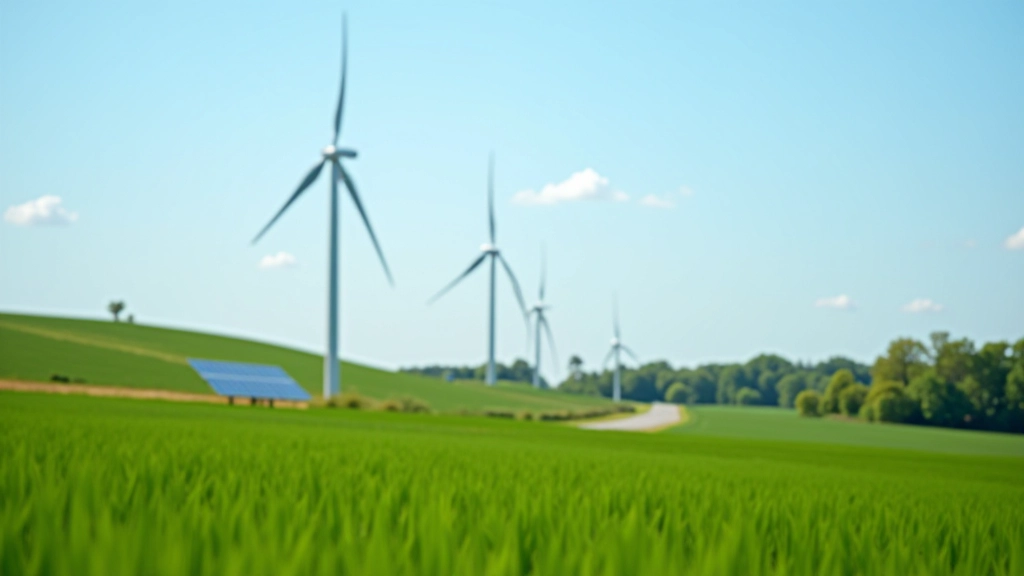Windkraftanlage in einer grünen Landschaft mit Solaranlagen im Hintergrund, sonniger Tag, klarer Himmel