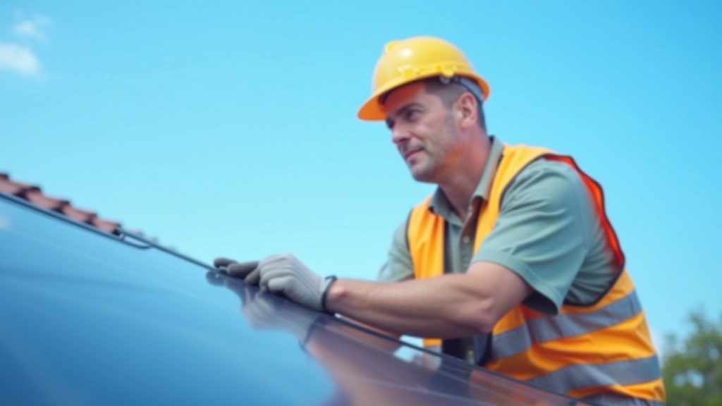 Facharbeiter in Solaranlage bei der Installation von Solarmodulen auf dem Dach, modernes Bauprojekt, sonniges Wetter, scharfer Fokus